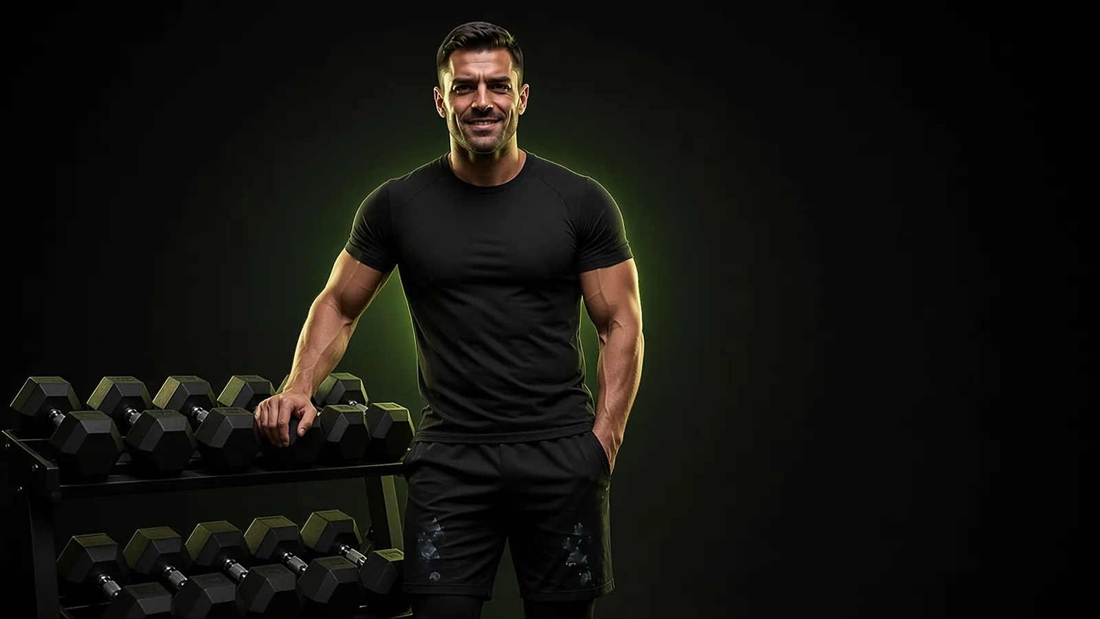Álex Vega, entrenador personal en Jerez de la Frontera, sonriendo junto a un estante de mancuernas