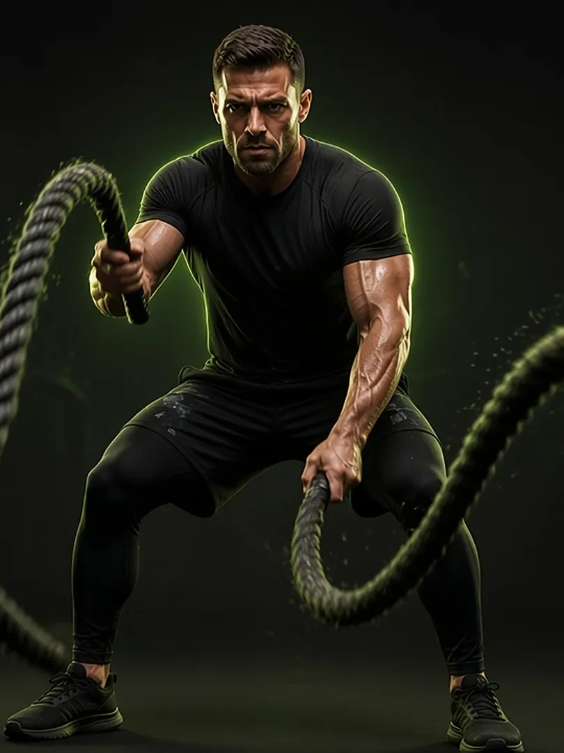 Álex Vega entrenando con cuerdas de combate en el gimnasio
