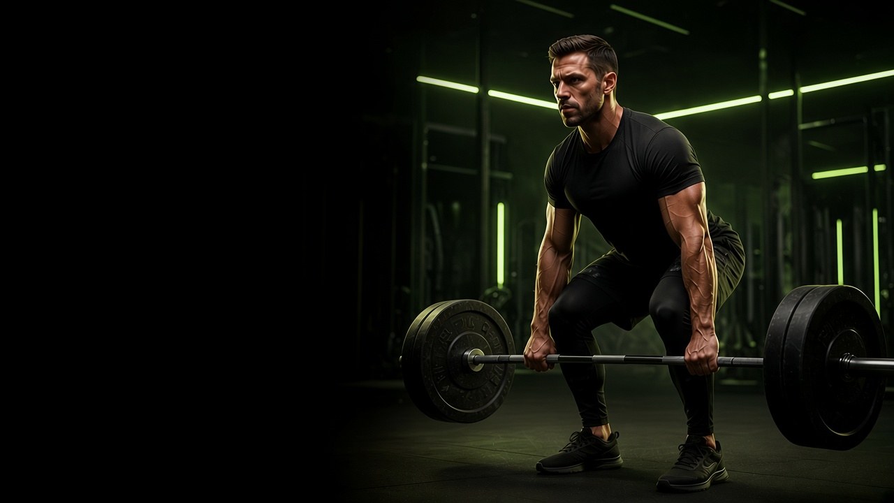 Álex Vega levantando una barra en un gimnasio oscuro con luz verde lima