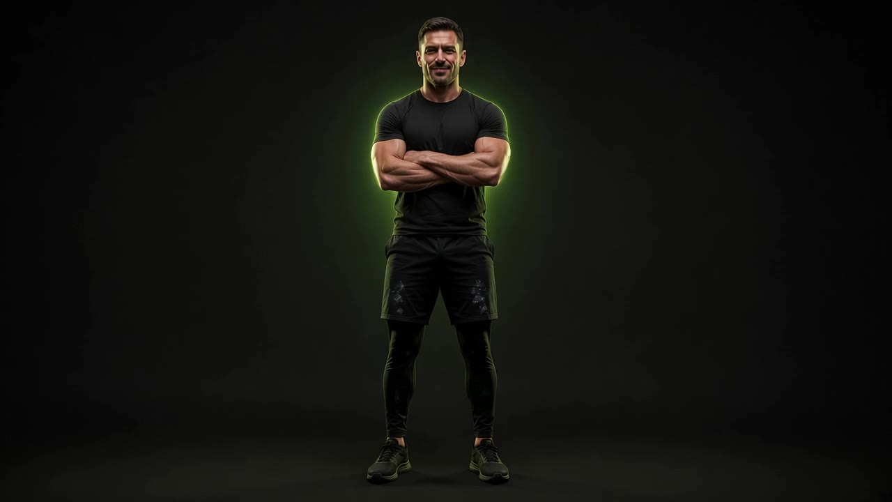 Entrenador personal con los brazos cruzados en un gimnasio con luz verde lima