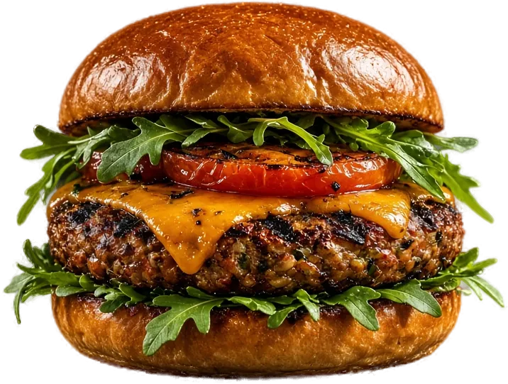 Hamburguesa vegetal Fénix de Brasa Negra con cheddar vegano, rúcula y tomate asado