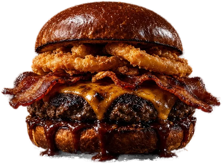 Hamburguesa Humo Negro de Brasa Negra con bacon, queso ahumado, cebolla crujiente y salsa barbacoa