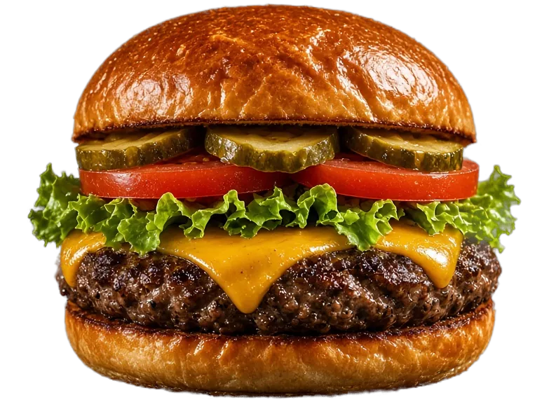 Hamburguesa Primera Brasa de Brasa Negra con carne a la brasa, cheddar, lechuga, tomate y pepinillo