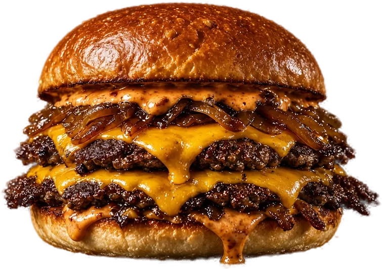 Hamburguesa Volcán de Brasa Negra con doble carne smash, doble cheddar fundido y cebolla caramelizada