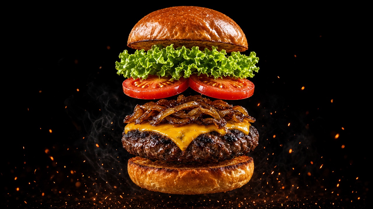 Ingredientes de la hamburguesa por capas, recién preparados