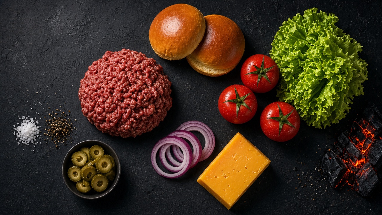 Ingredientes frescos de Brasa Negra sobre pizarra: carne picada, pan brioche, tomates, lechuga, cheddar, cebolla morada, pepinillos y brasas de carbón
