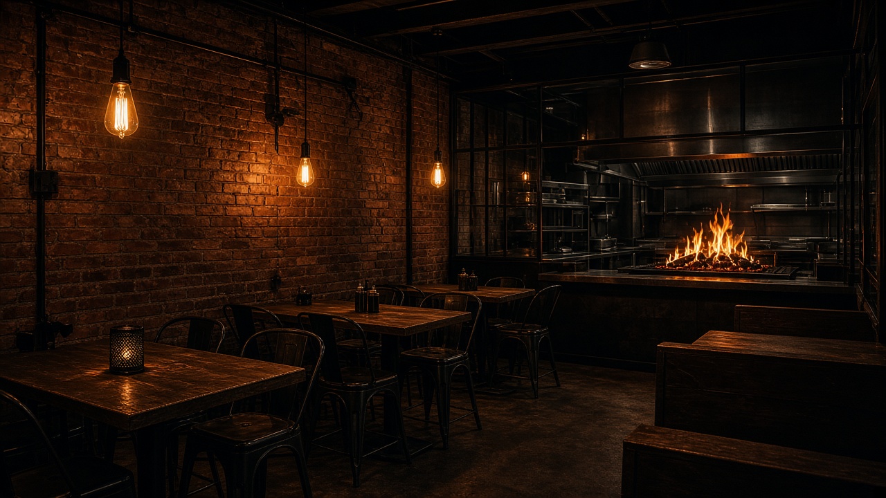 Interior de la hamburguesería Brasa Negra en Madrid, con paredes de ladrillo, mesas de madera, bombillas cálidas y la parrilla de brasa al fondo