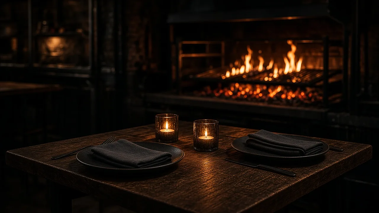 Mesa preparada en Brasa Negra con velas y la parrilla de brasa encendida al fondo