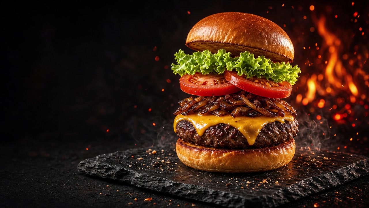 Hamburguesa de Brasa Negra montada capa a capa sobre pizarra: pan brioche, carne a la brasa, cheddar fundido, cebolla caramelizada, tomate y lechuga